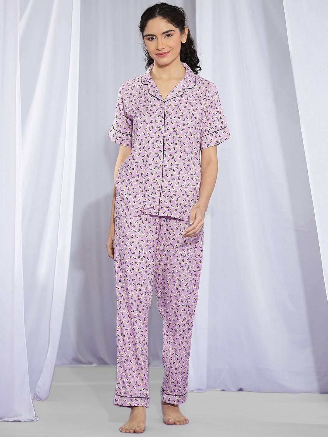 Kotty Purple & White Floral Printed Night Suit