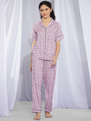 Kotty Purple & White Floral Printed Night Suit