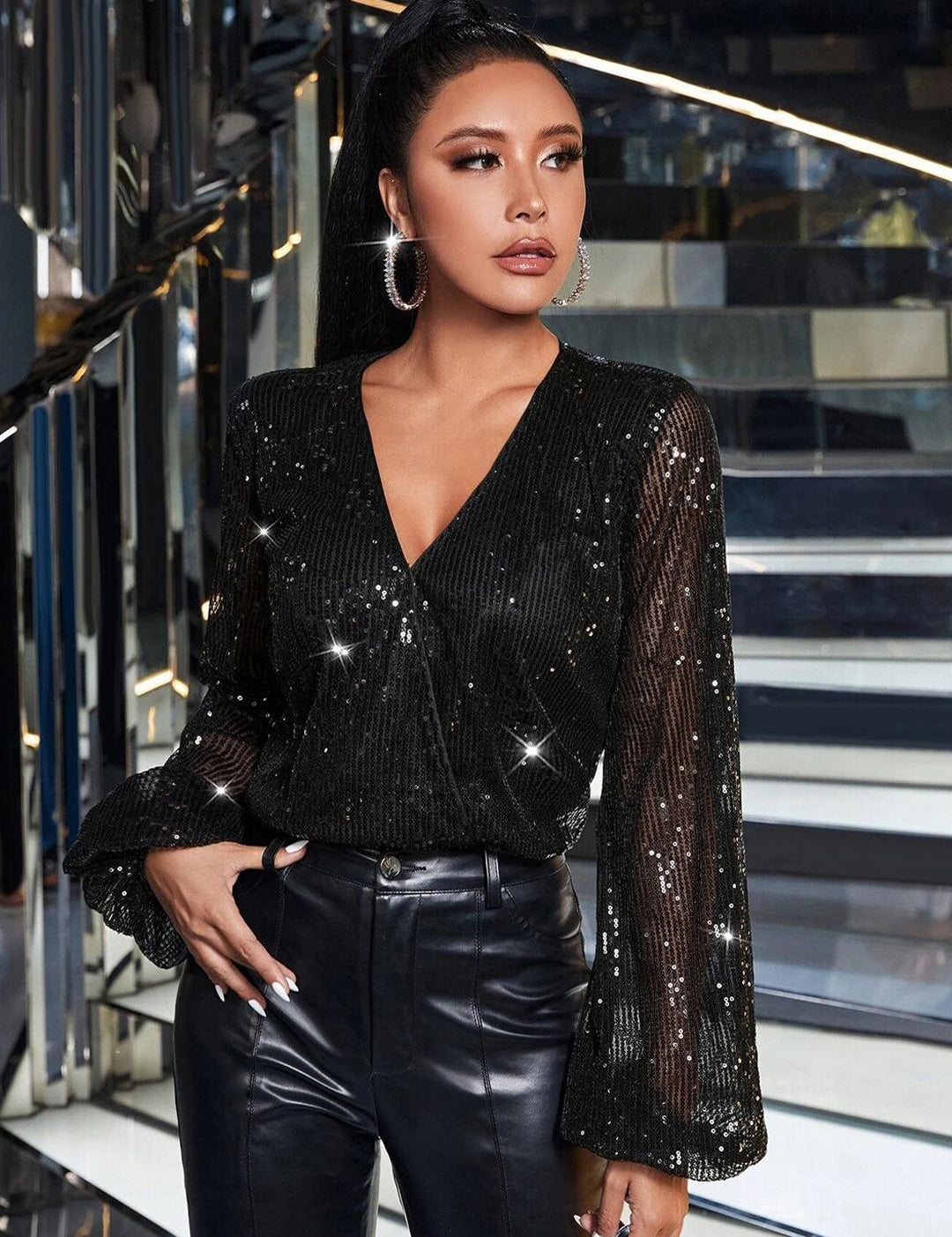 Kotty Sequined Embellished Puff Sleeves Wrap Top