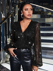 Kotty Sequined Embellished Puff Sleeves Wrap Top