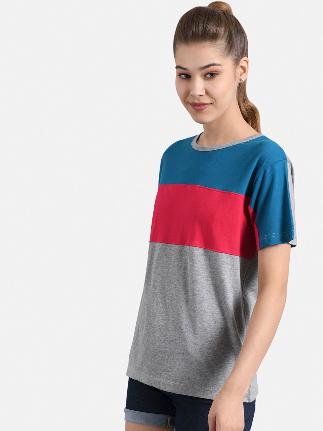 Kotty Women Grey & Blue Colourblocked Round Neck T-shirt