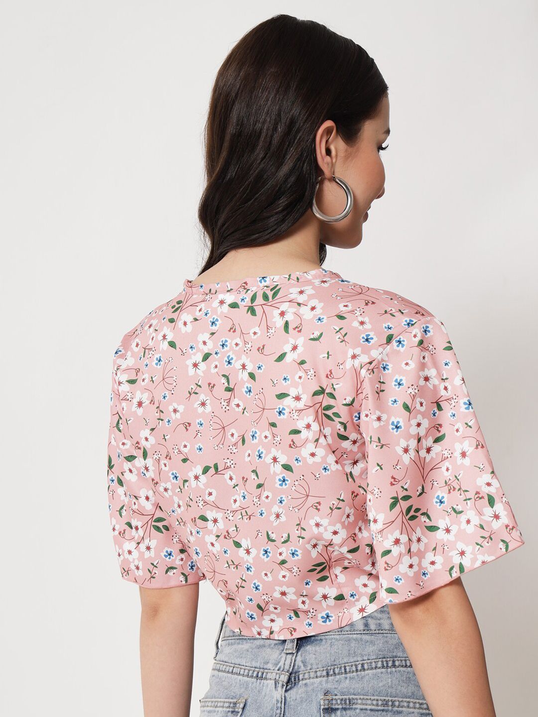 Kotty Floral Printed Flared Sleeves Wrap Crop Top