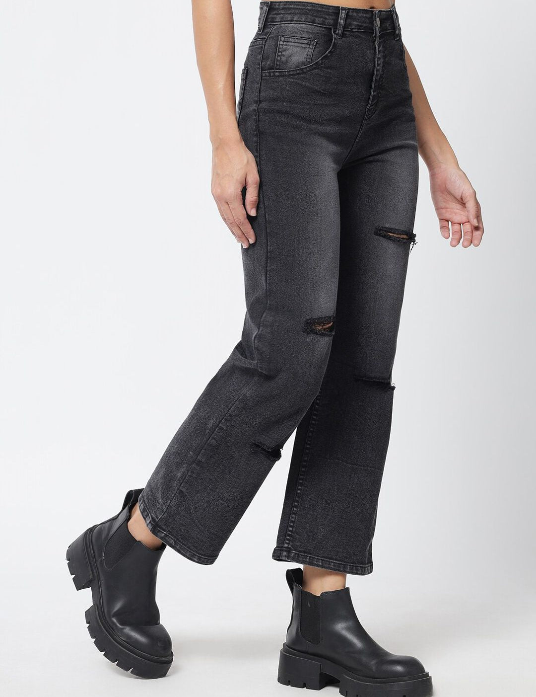 Kotty Women Black Jean Straight Fit Slash Knee Light Fade Stretchable Jeans