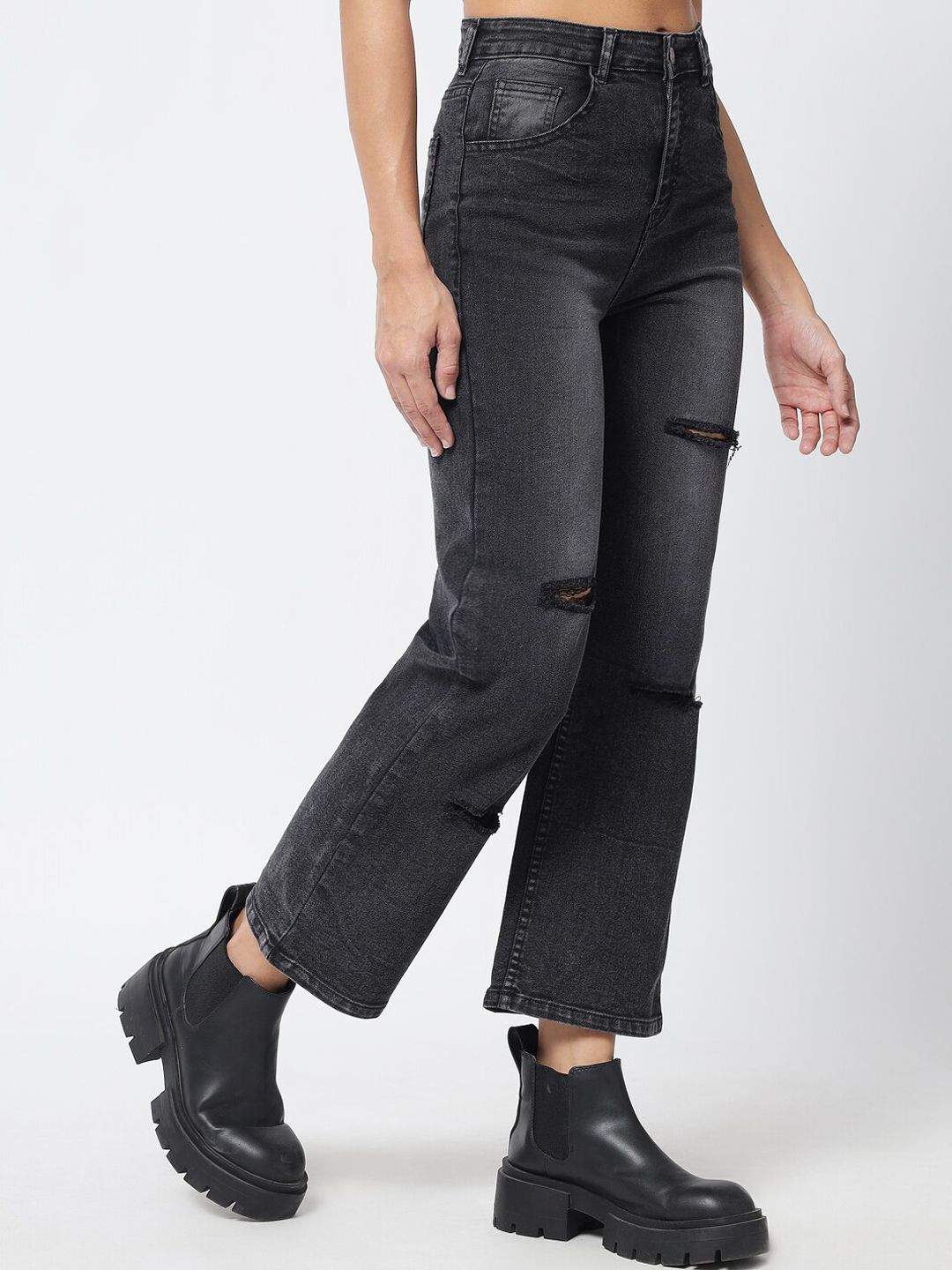 Kotty Women Black Jean Straight Fit Slash Knee Light Fade Stretchable Jeans