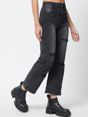 Kotty Women Black Jean Straight Fit Slash Knee Light Fade Stretchable Jeans