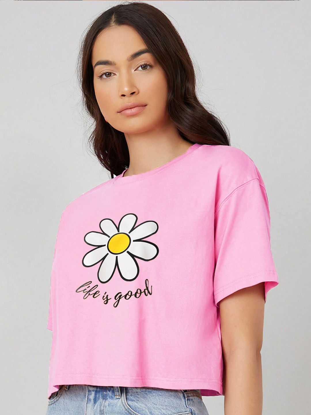 Kotty Round Neck  Drop-Shoulder Sleeves Graphic Printed Oversized Crop T-shirt