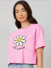 Kotty Round Neck  Drop-Shoulder Sleeves Graphic Printed Oversized Crop T-shirt