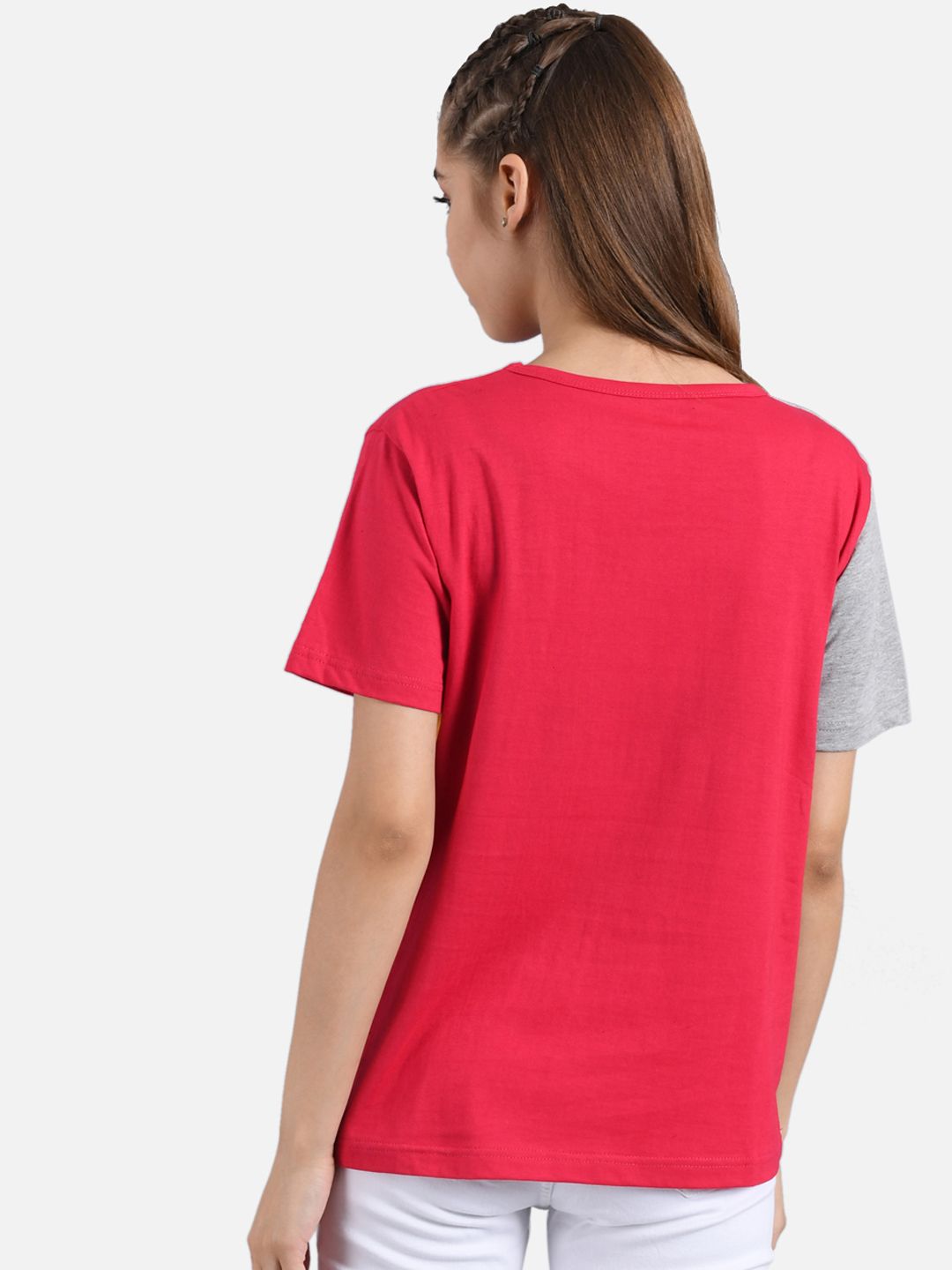 Kotty Women Red And Yellow Colourblocked Round Neck T-shirt