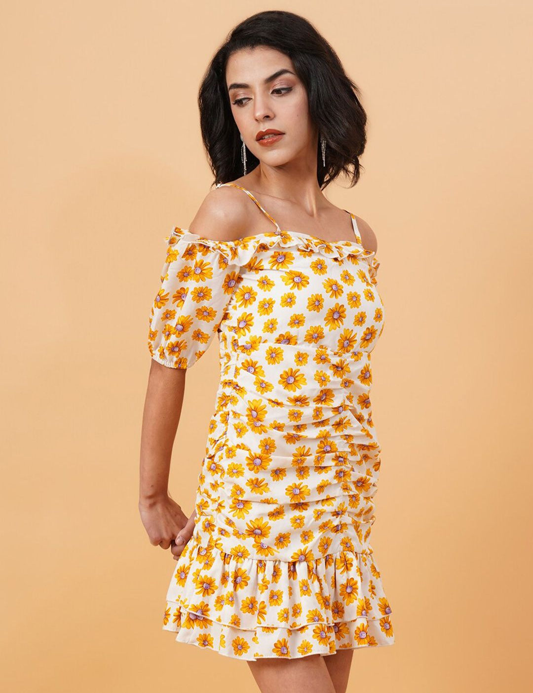 Kotty White & Yellow Floral Printed Cold Shoulder Sleeves Crepe Gathered Sheath