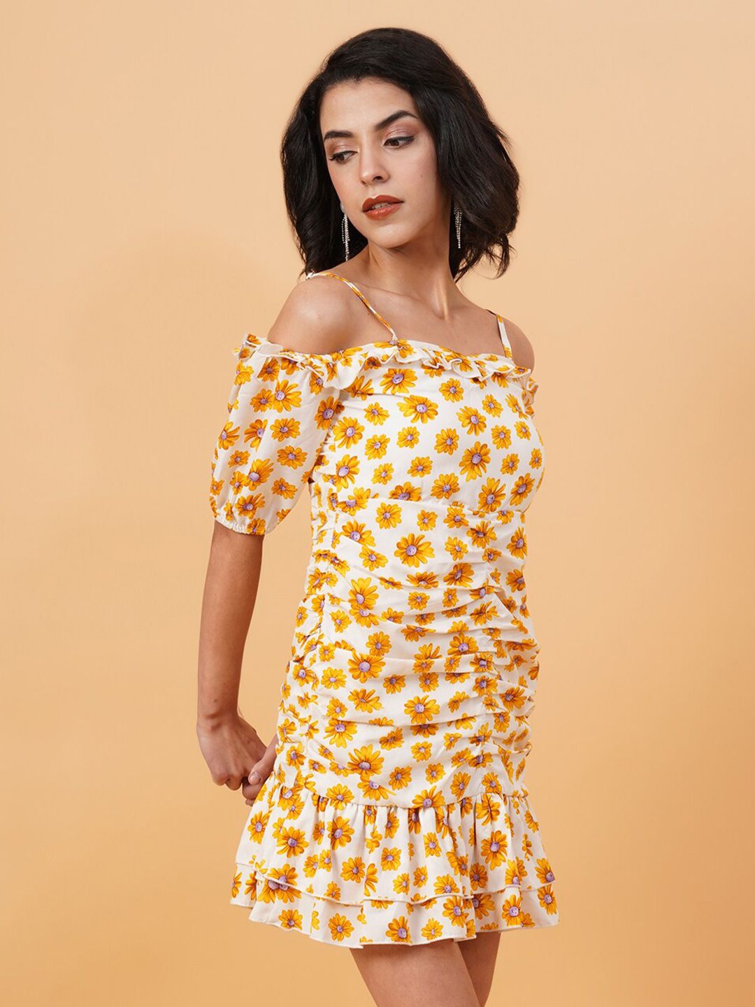 Kotty White & Yellow Floral Printed Cold Shoulder Sleeves Crepe Gathered Sheath