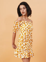 Kotty White & Yellow Floral Printed Cold Shoulder Sleeves Crepe Gathered Sheath