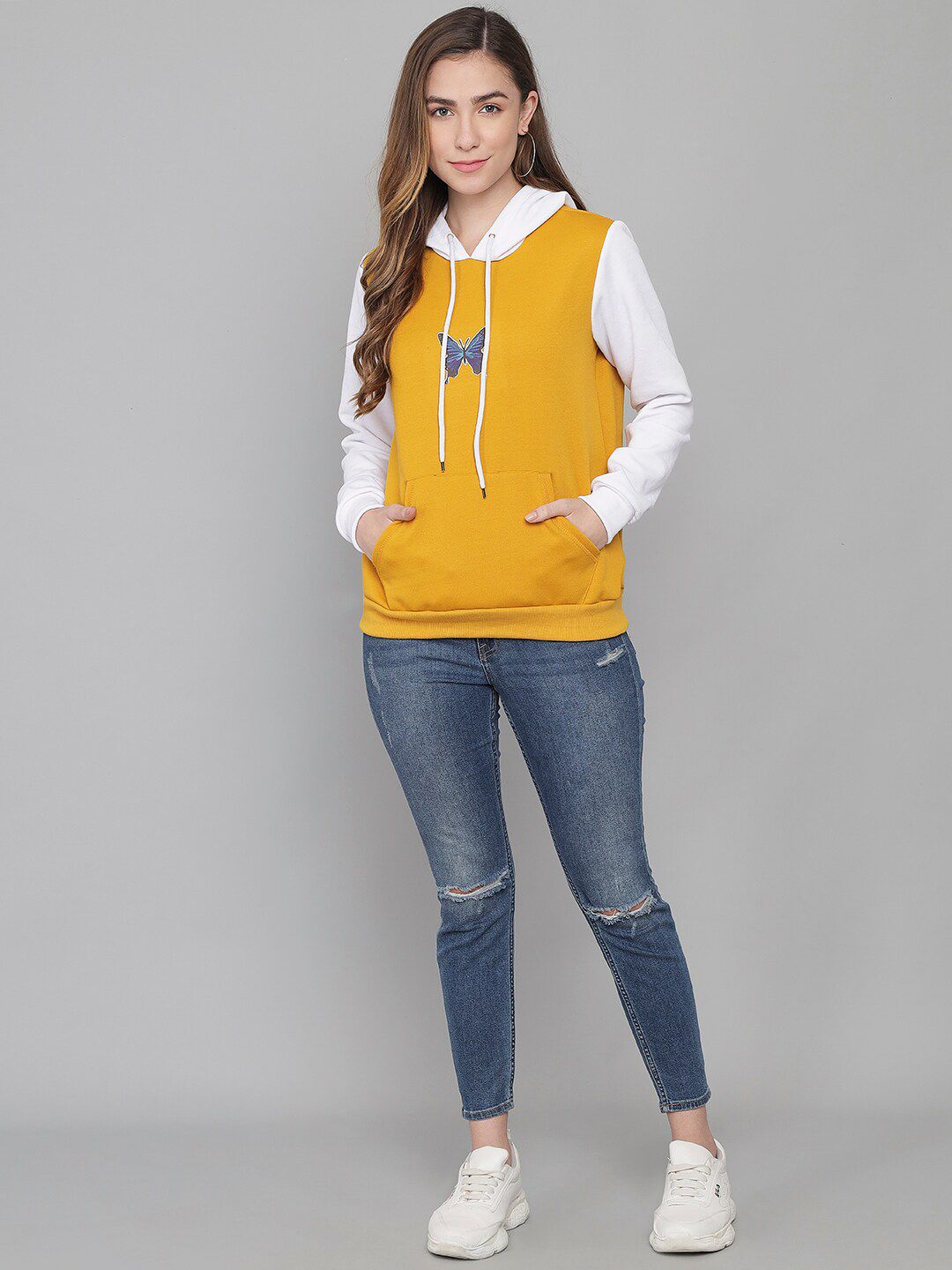 Kotty Women Yellow & White Fleece Colourblocked Hooded Sweatshirt