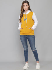 Kotty Women Yellow & White Fleece Colourblocked Hooded Sweatshirt