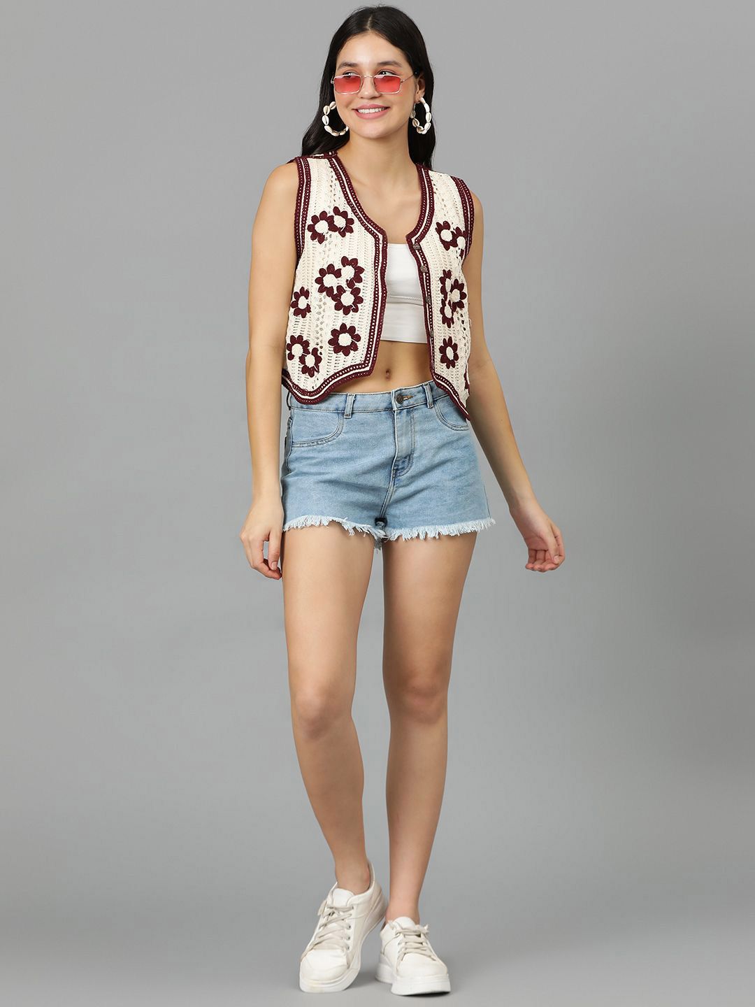 Kotty Floral Self Design Crochet V-Neck Crop Top