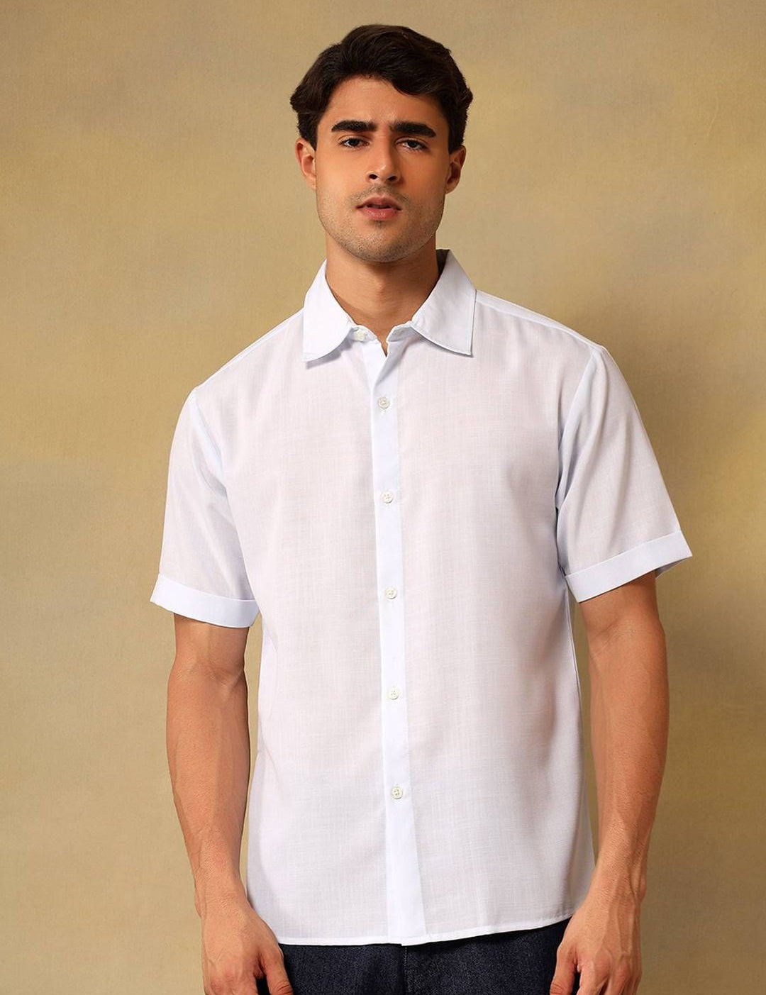 Kotty Men Comfort Fit Solid Spread Collar Linen Casual Shirt