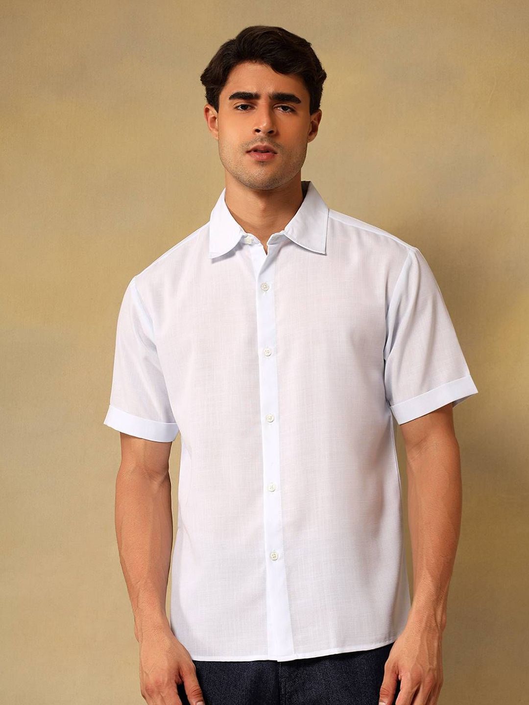 Kotty Men Comfort Fit Solid Spread Collar Linen Casual Shirt