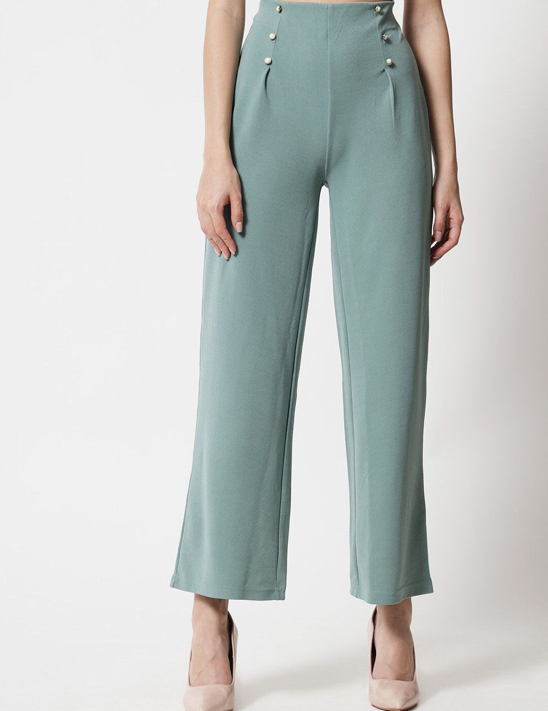 Kotty Women Green Relaxed Straight Fit High-Rise Easy Wash Pleated Trousers
