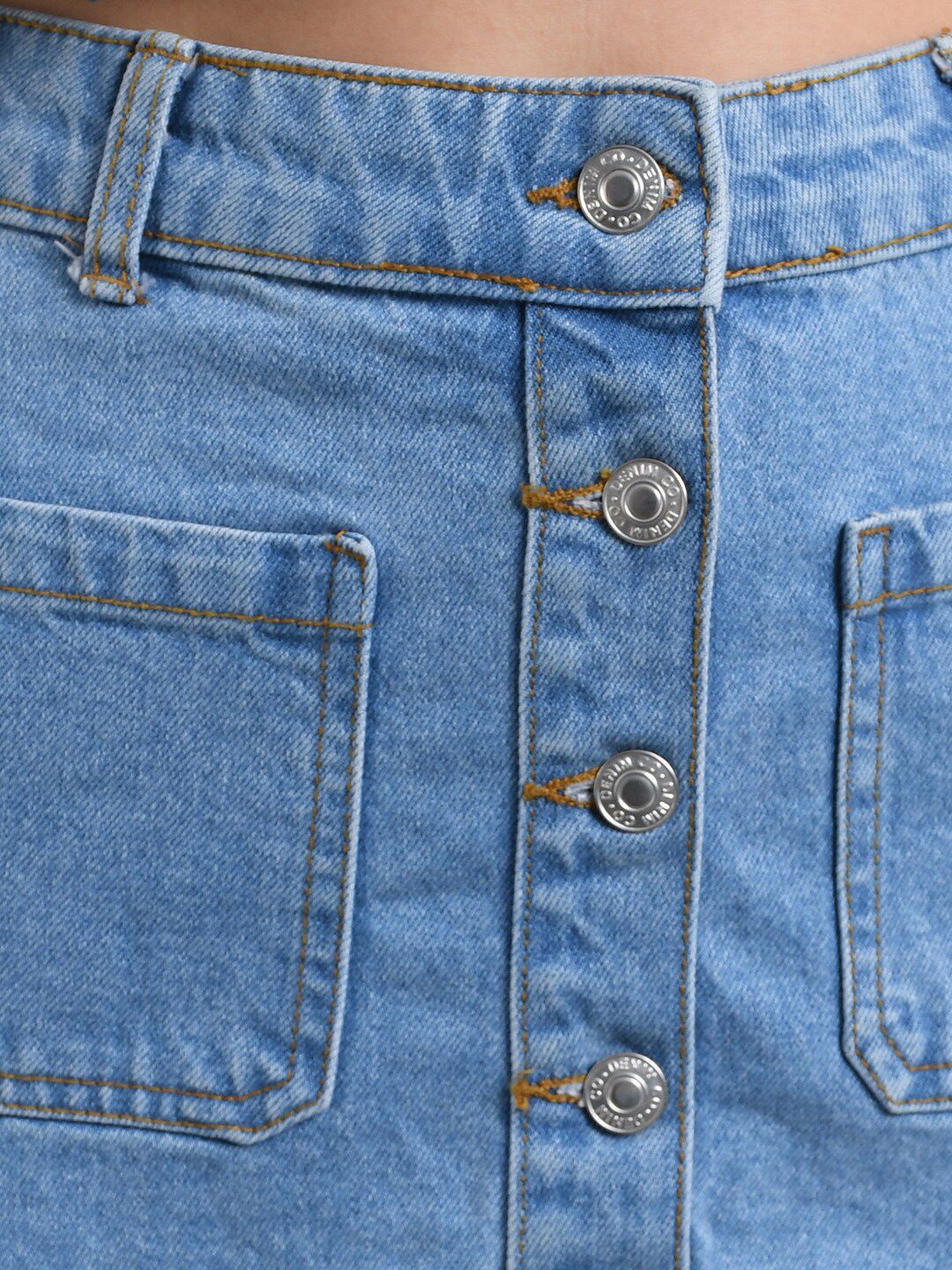 Kotty Women Blue Solid Denim Mini A-Line Skirt