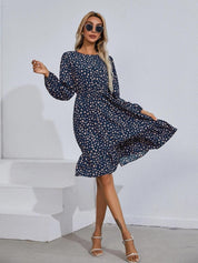 Kotty Polka Dots Printed Puff Sleeve Gathered or Pleated Crepe Fit & Flare Dress