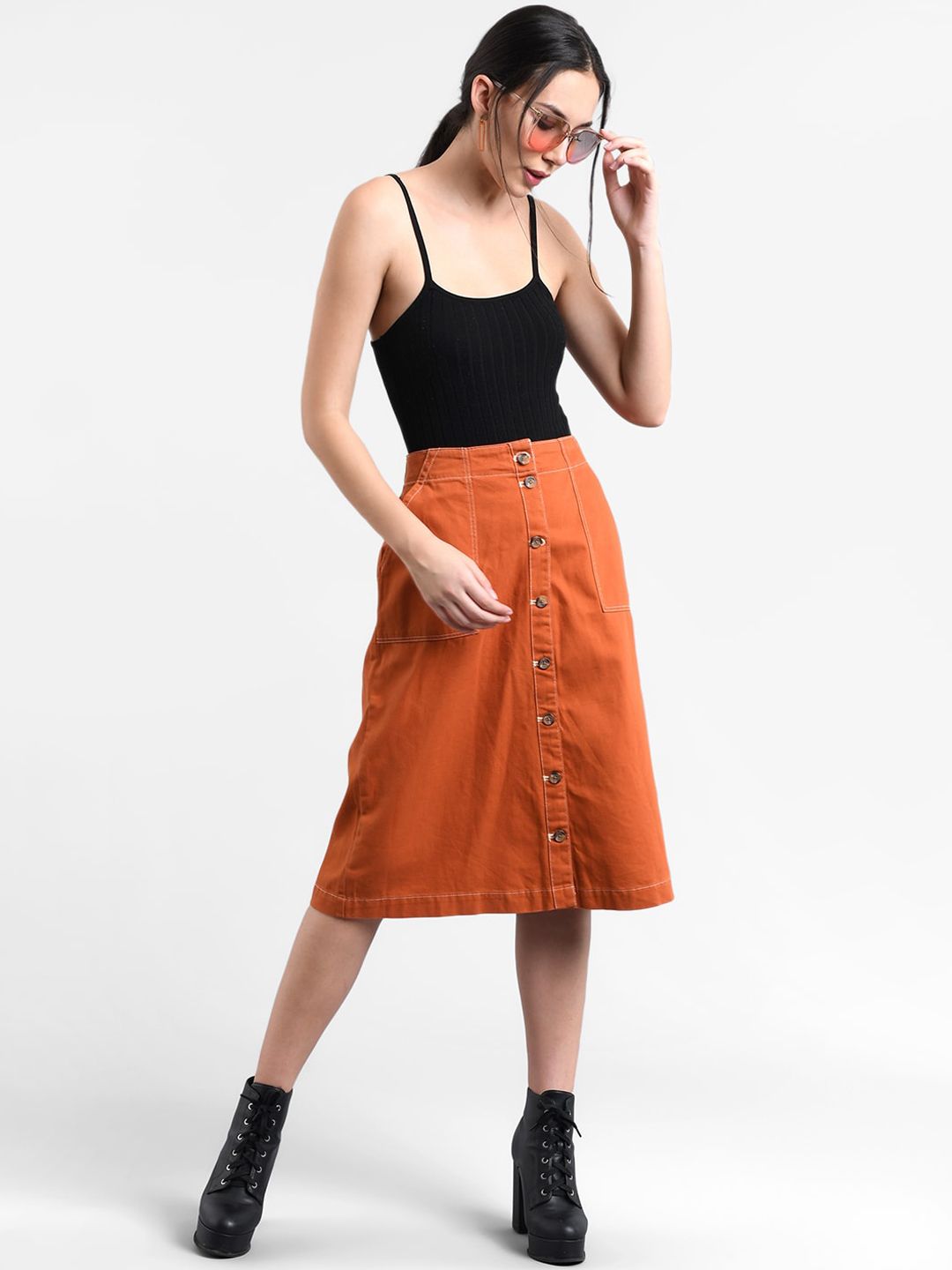 Kotty Women Orange Solid A-Line Denim Skirt