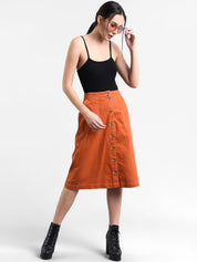 Kotty Women Orange Solid A-Line Denim Skirt