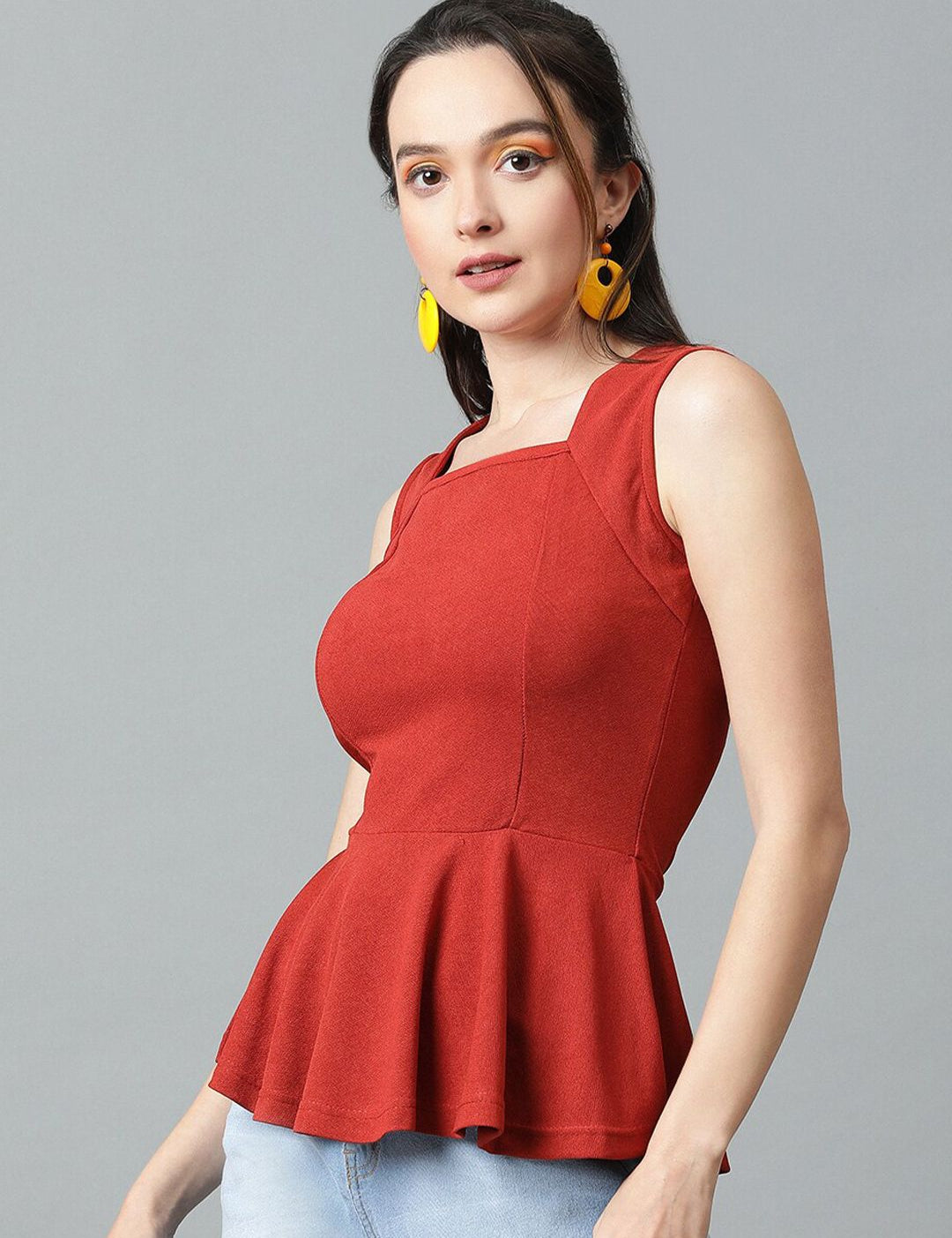 Kotty Rust Square Neck Peplum Top