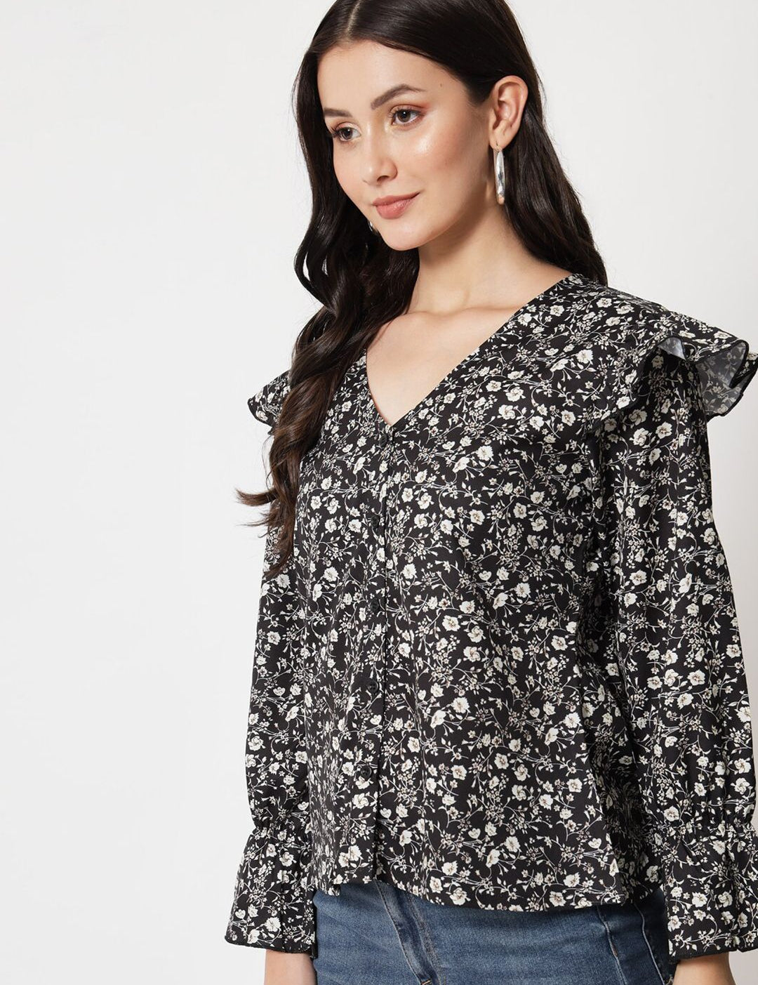 Kotty Floral Print Bell Sleeve Ruffles Crepe Top