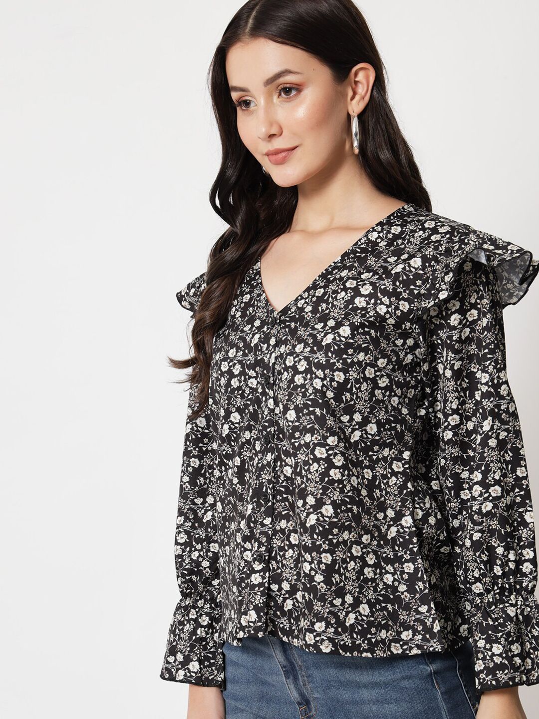 Kotty Floral Print Bell Sleeve Ruffles Crepe Top