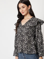 Kotty Floral Print Bell Sleeve Ruffles Crepe Top