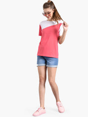 Kotty Women Coral Pink & White Colourblocked Boat Neck T-shirt