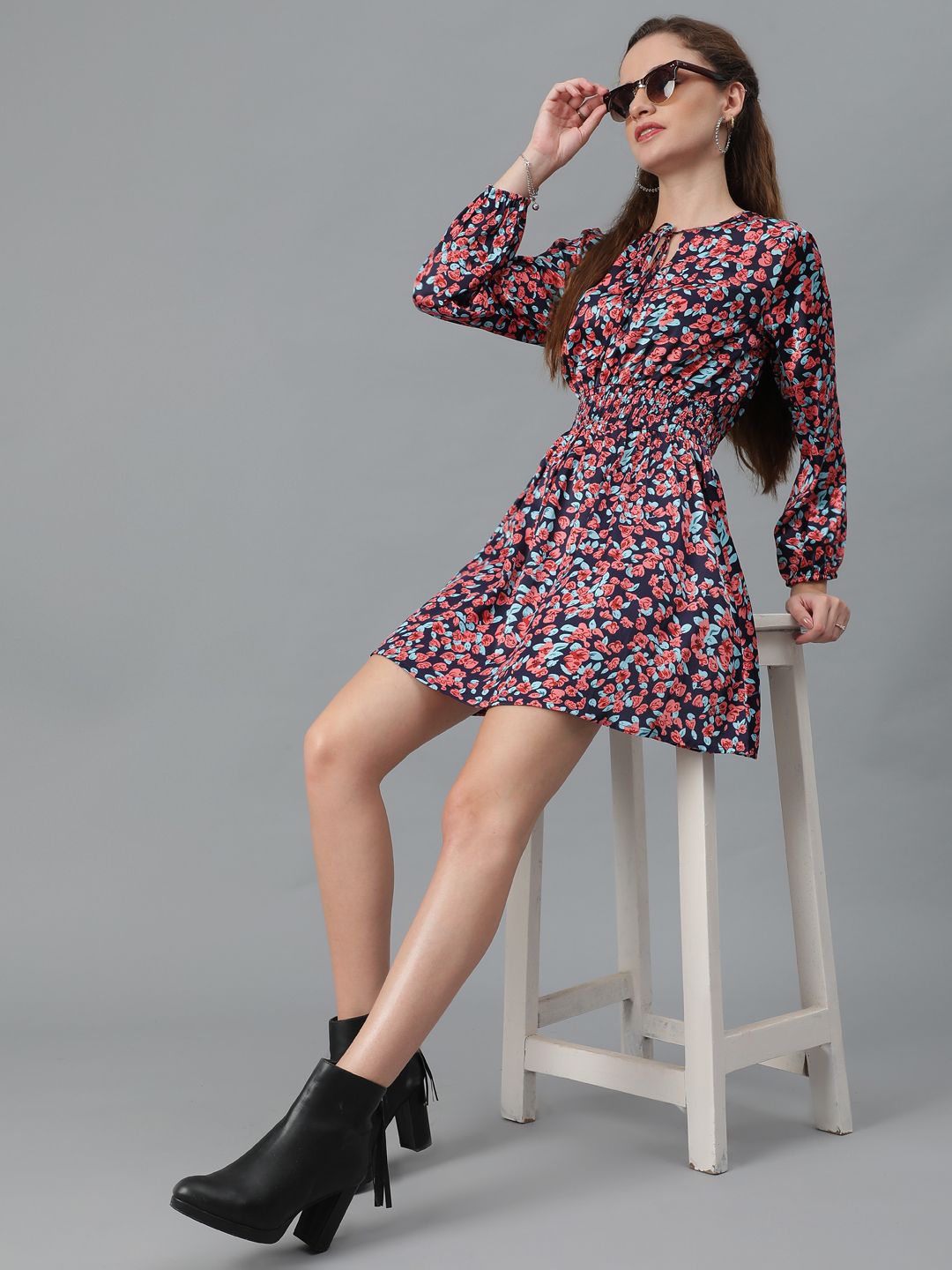 Kotty Black Floral Printed Tie-Up Neck Puff Sleeves Fit & Flare Dress