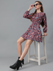 Kotty Black Floral Printed Tie-Up Neck Puff Sleeves Fit & Flare Dress