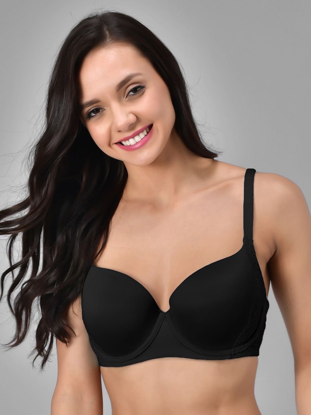 Kotty Black Solid Lightly Padded Underwired Lace T-Shirt Bra-KTTWOMENSBRA04