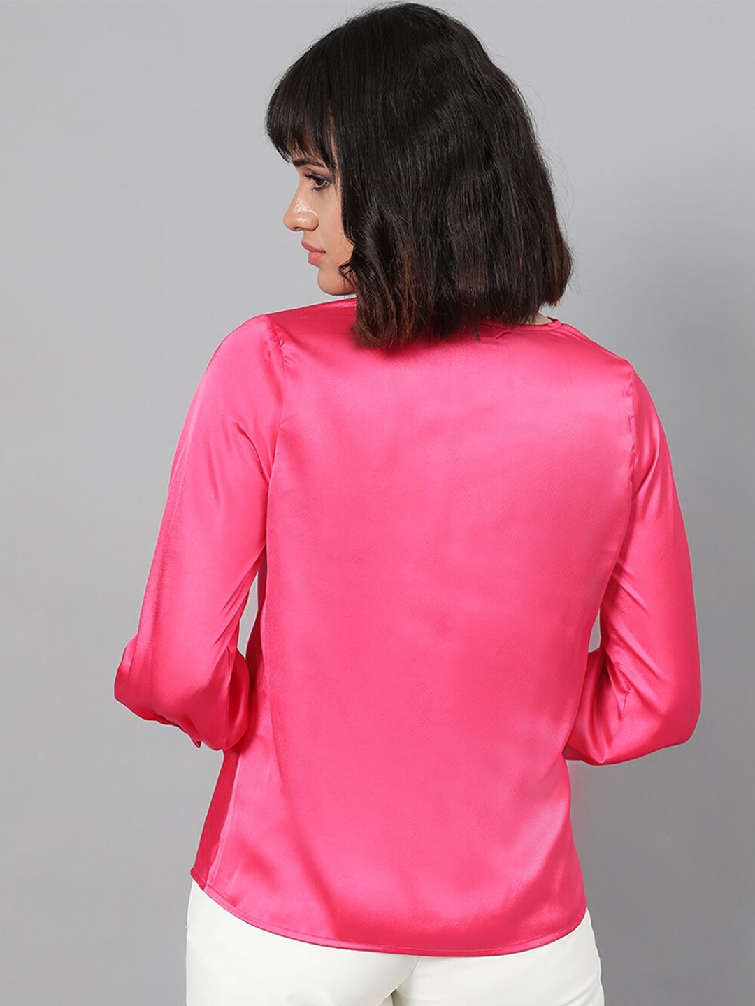 Kotty Pink Cowl Neck Cuffed Sleeve Satin Regular Top