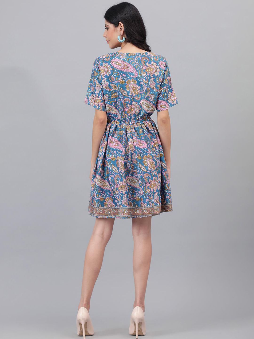 Kotty Blue And Pink Paisley Printed V-Neck Fit & Flare Dress