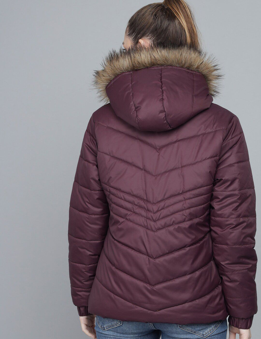 Kotty Women Purple Striped Lightweight Longline Puffer Jacket