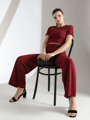Stylecast X KOTTY Basics Maroon Round-Neck Crop Top And Wide Leg Pant
