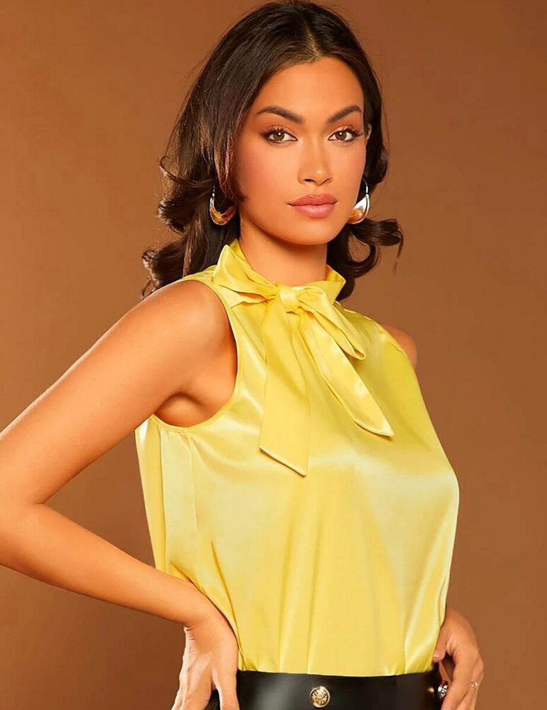 Kotty Yellow Tie-Up Neck Sleeveless Satin Top