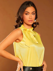 Kotty Yellow Tie-Up Neck Sleeveless Satin Top