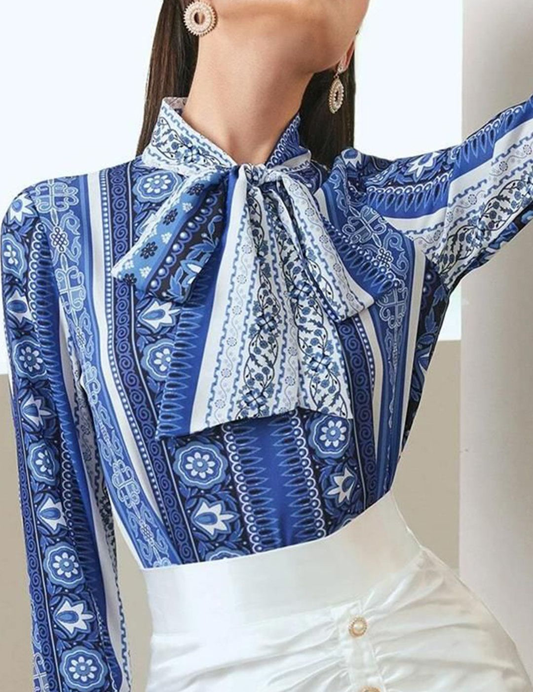 Kotty Floral Printed Tie-Up Neck Crepe Shirt Style Top