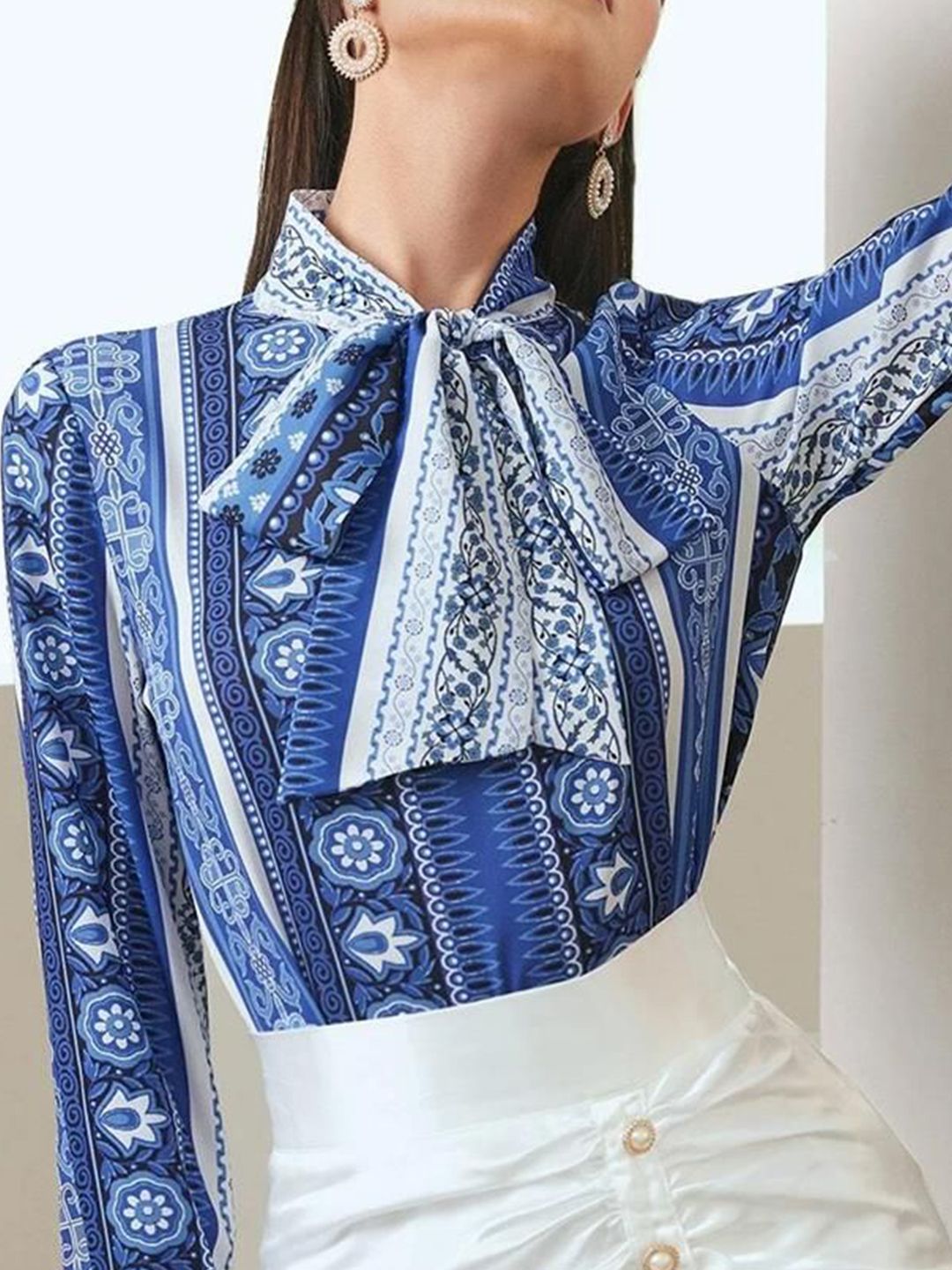 Kotty Floral Printed Tie-Up Neck Crepe Shirt Style Top