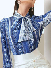 Kotty Floral Printed Tie-Up Neck Crepe Shirt Style Top