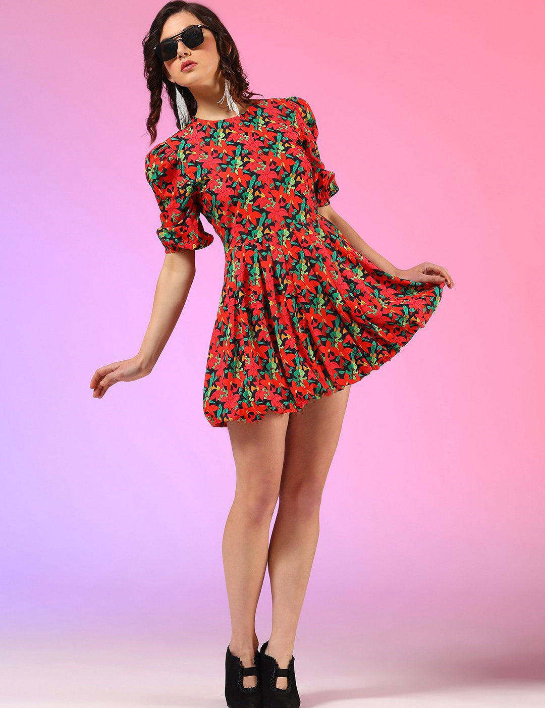 Kotty Women Printed Puffed Sleeves Fit & Flare Mini Dress