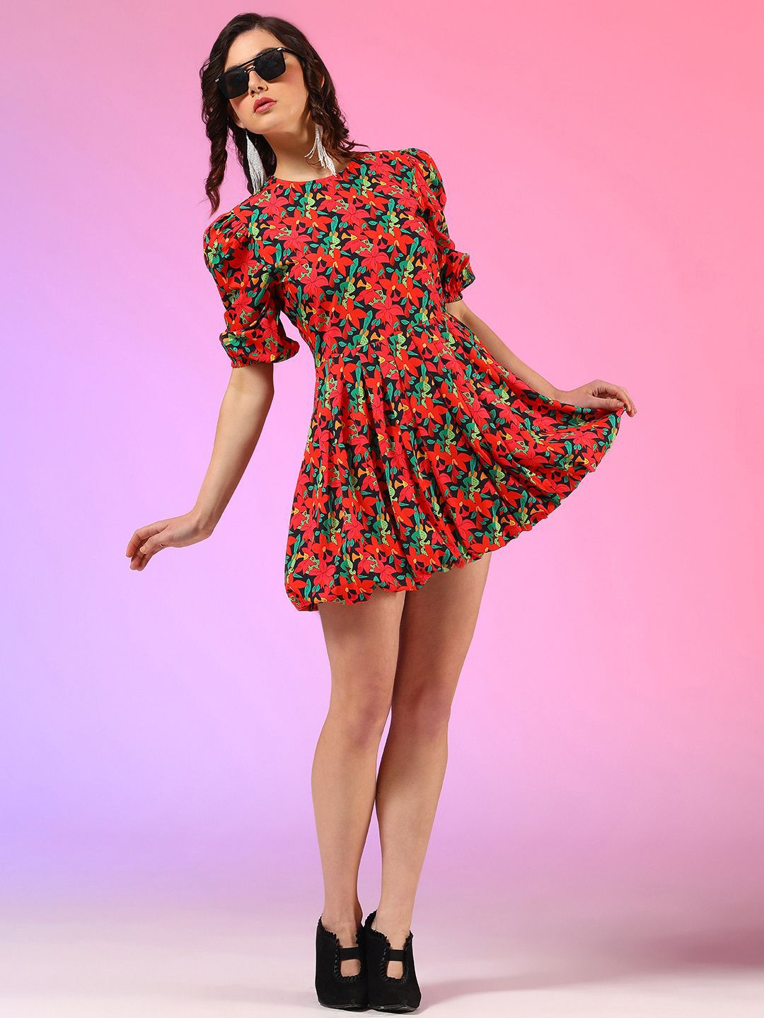 Kotty Women Printed Puffed Sleeves Fit & Flare Mini Dress