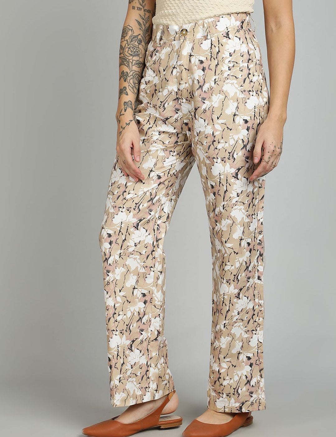 Kotty Women Printed Straight Fit High-Rise Cotton Trousers