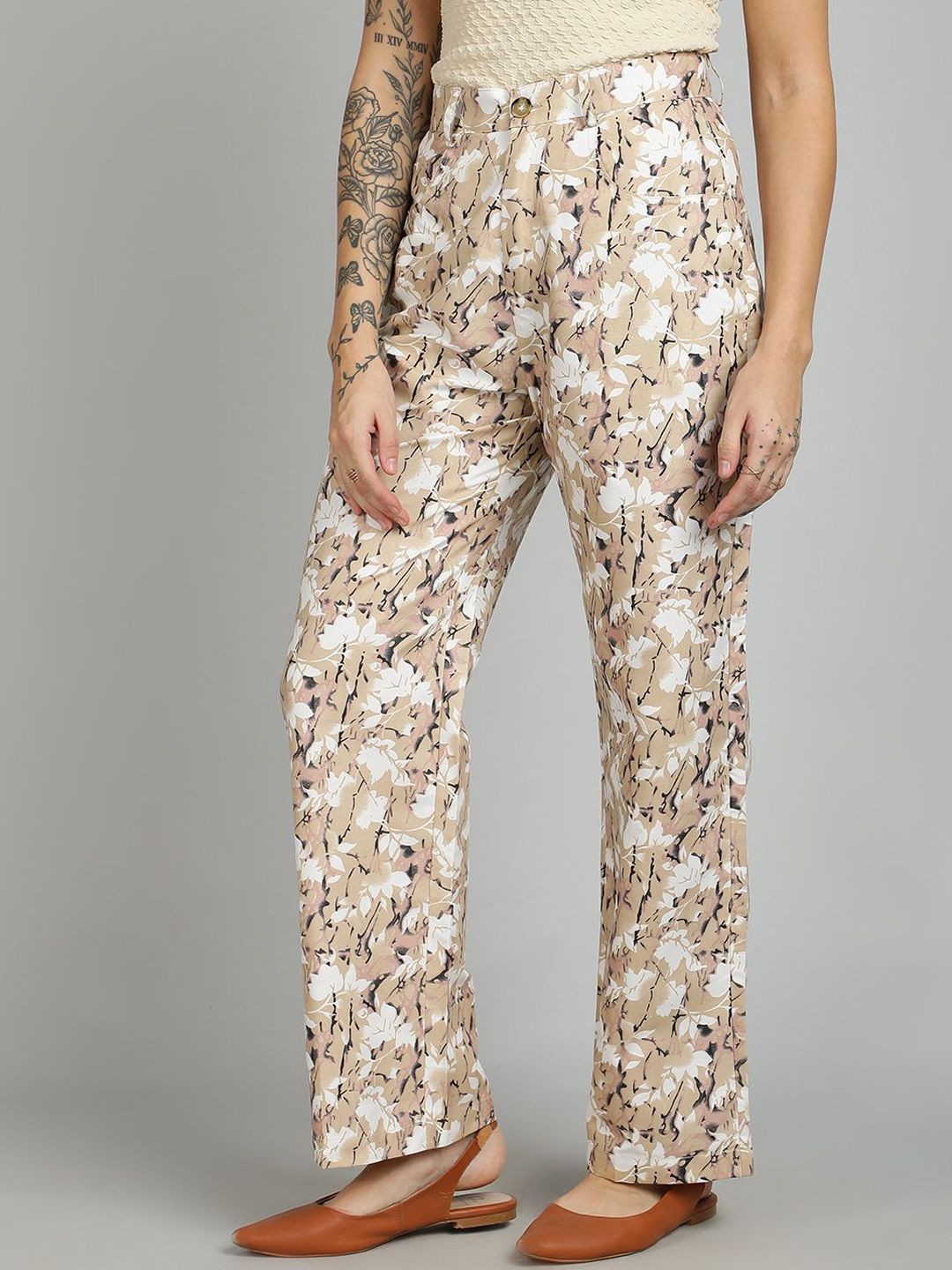 Kotty Women Printed Straight Fit High-Rise Cotton Trousers