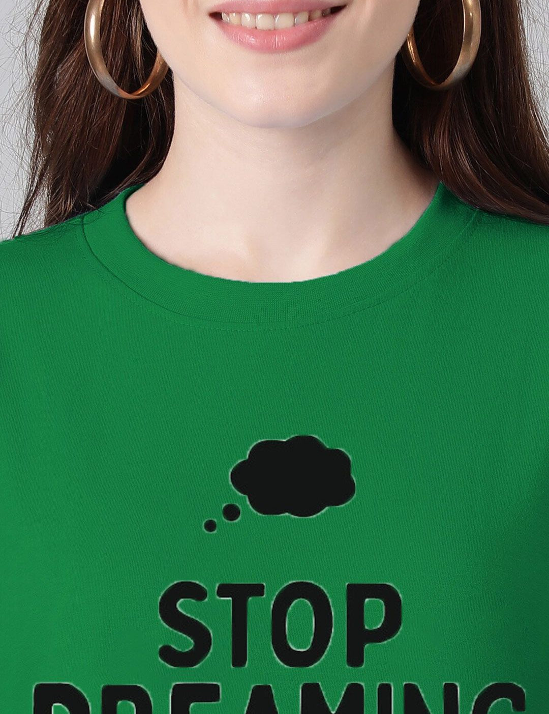 Kotty Green & Black Typography Printed Drop Shoulder Sleeves Oversized Casual T-Shirt