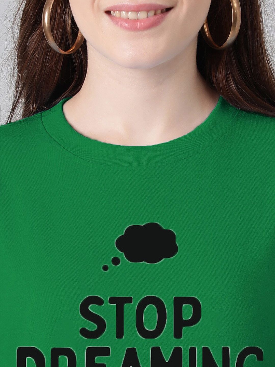 Kotty Green & Black Typography Printed Drop Shoulder Sleeves Oversized Casual T-Shirt