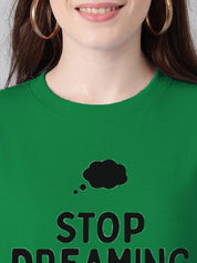 Kotty Green & Black Typography Printed Drop Shoulder Sleeves Oversized Casual T-Shirt