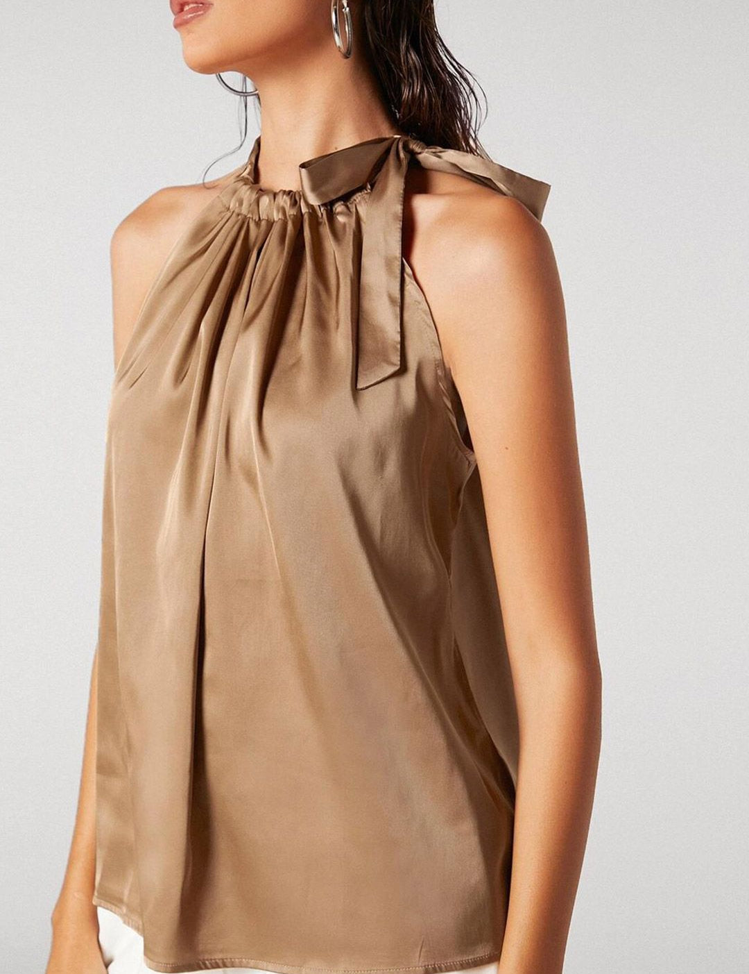 Kotty Brown Tie-Up Neck Sleeveless Satin Top